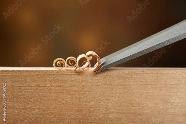 Fototapeta Woodworking tool. Carving wood with chisel