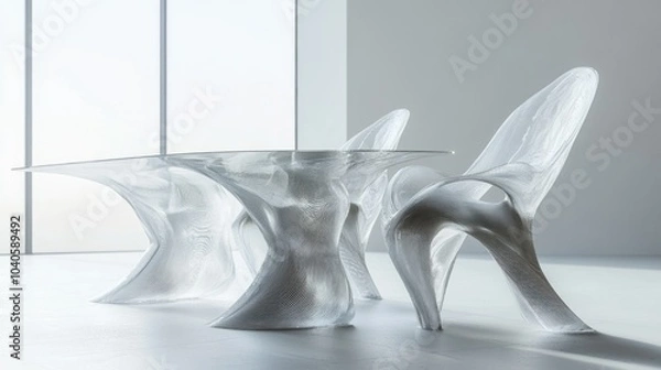 Fototapeta Abstract Silver Table and Chairs in Minimalist Setting