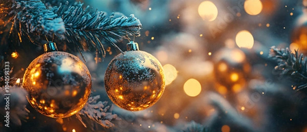 Fototapeta Sparkling Christmas Ornament on Snowy Pine Branch with Warm Lights, Sparkling Christmas Ornament on Snowy Pine Branch with Warm Ligh