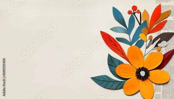 Fototapeta A minimalist collage of a flower arrangement with bold graphic leaves and abstract florals, combining bright primary colors and newspaper textures against a neutral background.