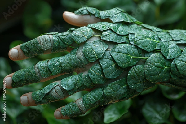 Fototapeta A human hand made of spinach leaves, symbolizing the strength and vitality gained from leafy greens. Concept of nutrition.