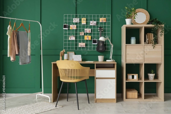 Fototapeta Interior of office with workplace, mood board and clothes rack