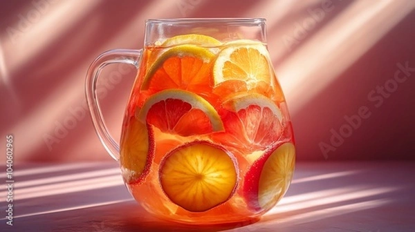 Fototapeta A pitcher of refreshing citrus infused water with lemon and grapefruit slices.