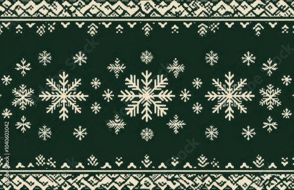 Obraz Seamless pattern of traditional Nordic fair isle design with intricate snowflakes on dark green background, perfect for winter holidays and cozy seasonal celebrations