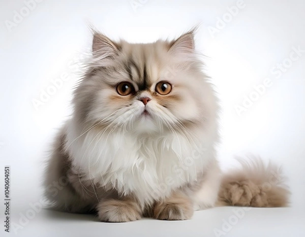 Fototapeta Persian cat sitting elegantly on a white background with fluffy fur and bright eyes