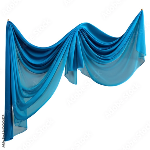 Fototapeta Blue Silk fabric, transparent cloth, gracefully flowing in a wave pattern. Fashionable satin drapery, motion of a flying scarf, chiffon veil isolated against a transparent background.