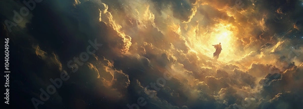 Obraz A floating man in the clouds parting second coming banner with room for copy text at left Jesus bible biblical rapture God Lord