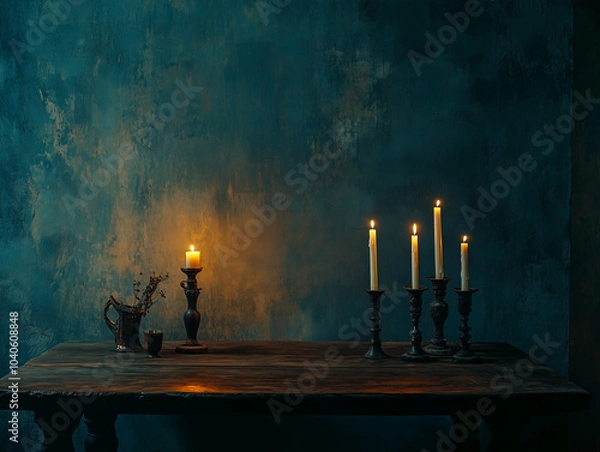 Fototapeta Rustic wooden table with several lit candles in antique candle holders, set against a dark, textured wall, creating a warm and moody atmosphere.