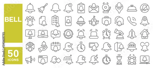 Obraz Set of 50 line icons related to bell, notification, reminder, ring, alarm, alert, attention, handbell, Editable stroke. Vector illustration