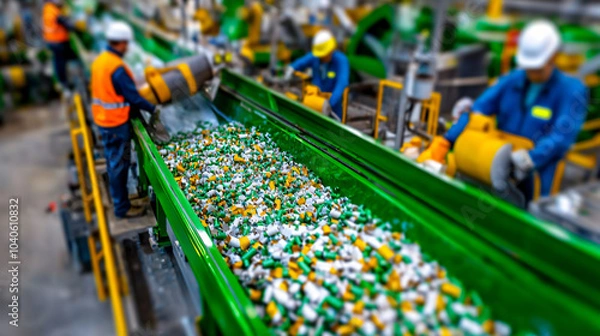 Obraz workers monitoring paper pulp recycling process, industrial equipment