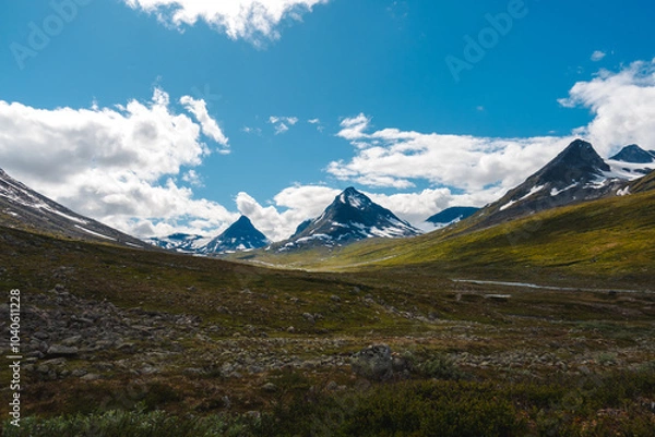 Fototapeta Scenic view when hiking to Visdalen valley with the nordic harsh tundra nature, white clouds over the snow covered mountains and steep summits during sunny day in Jotunheimen national park, Norway.