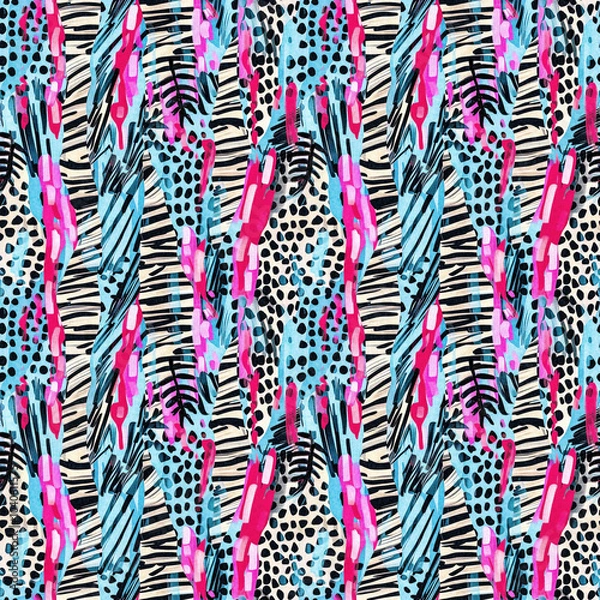 Obraz Fun girly camouflage pattern in vibrant stripes and spotted seamless design . Modern skin texture patched effect for festival and beach wear style in repeat .