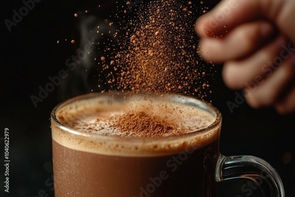 Obraz Mug of hot chocolate with a hand sprinkling chocolate powder on top