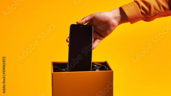 Obraz Man's hand putting smartphone into trash on a yellow background. Phone addiction, self control and digital detox concept. Generative AI