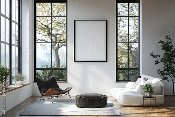 Fototapeta  Blank white poster mockup in a modern living room with minimalist decor and clean lines. 3d rendering
