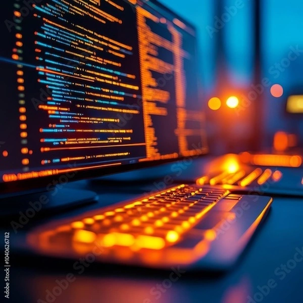 Fototapeta AI-driven code generation, futuristic developer station, glowing holographic interface