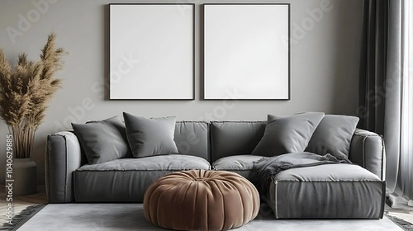 Fototapeta  Blank white poster mockup in a modern living room with minimalist decor and clean lines. 3d rendering