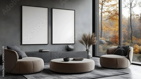 Fototapeta  Blank white poster mockup in a modern living room with minimalist decor and clean lines. 3d rendering