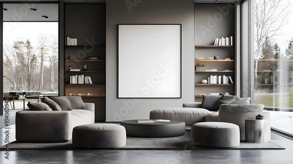 Fototapeta  Blank white poster mockup in a modern living room with minimalist decor and clean lines. 3d rendering