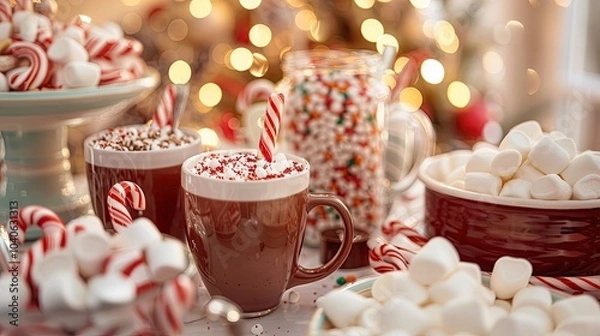 Obraz A festive hot chocolate station with mugs, marshmallows, candy canes, and a variety of toppings