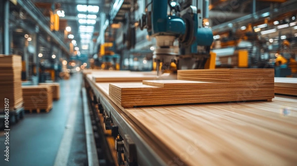 Fototapeta Efficient furniture production in modern factory showcasing robotic machinery and wooden panels. scene captures essence of industrial craftsmanship and innovation