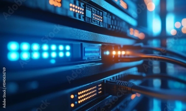 Obraz Close-up view of modern internet network switch with plugged ethernet cables. Blinking blue lights on internet server