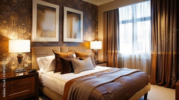 Fototapeta Elegant mid size bedroom with art deco features, upholstered bed, and minimalist wallpaper design