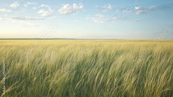 Fototapeta A wide meadow filled with tall grasses dancing in the breeze, showcasing the serene bond with nature, gentle lighting, and a sweeping skyline.