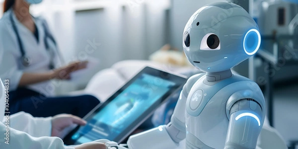 Fototapeta Healthcare robot assisting medical professionals | AI-powered robot in hospital setting