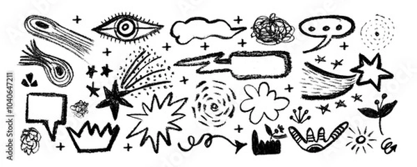 Fototapeta Collection of hand drawn colorful charcoal doodle shapes and squiggles in childish girly style. Pencil drawings, bright color chalk icons. Crown,  meteorite, stars, flower, eye and rainbow 