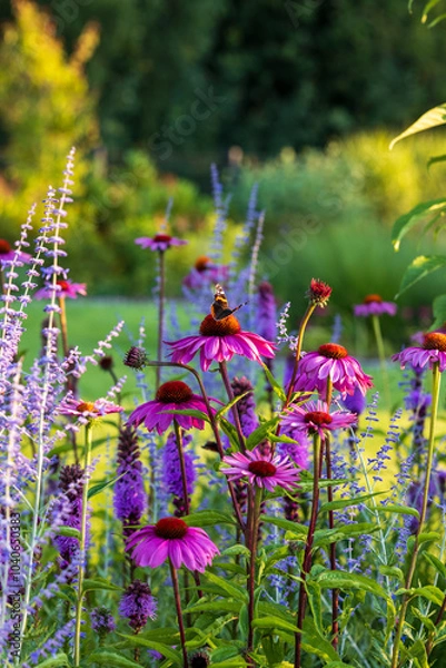 Fototapeta Flower field, summer garden in full color. closeup  pink Echinacea and Salvia subgenus Perovskia. 