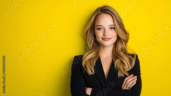 Obraz a young woman with long hair, standing with her arms crossed and pointing to the left. The background is a solid bright yellow 