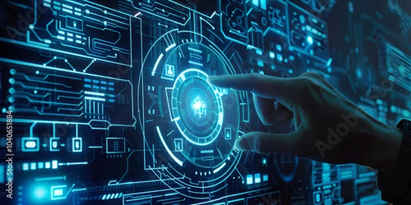 Fototapeta Futuristic user interface technology with hand interacting, Digital interface with hand activating holographic display
