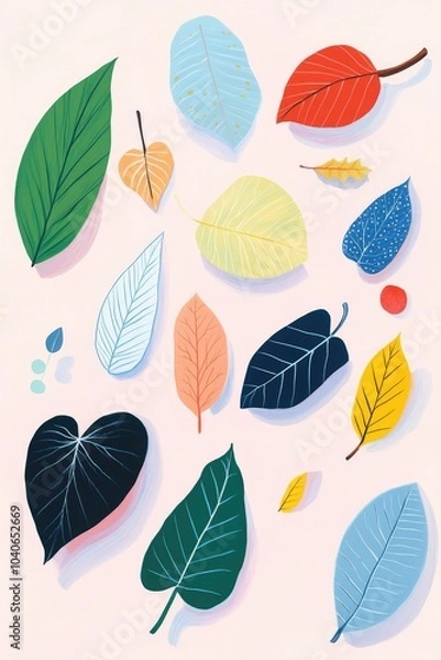 Fototapeta Illustration of a variety of colorful dried autumn leaves arranged in a flat lay design showcasing the beauty of fall