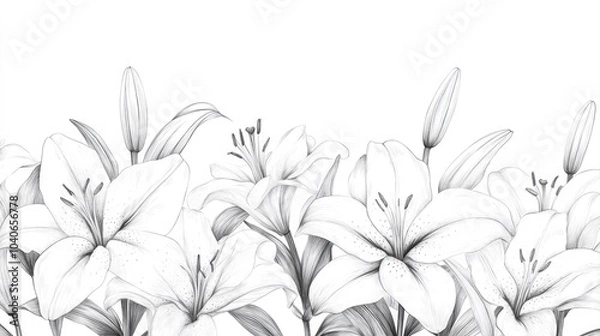 Fototapeta Line art illustration of white lily flowers arranged in a horizontal composition set against a clean white background