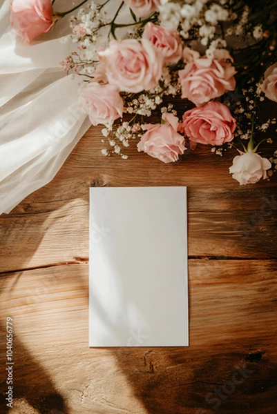 Obraz White sheet mockup on wooden table with pink roses and white fabric. Vertical flat lay romantic template for wedding invitations, declarations of love, greeting cards for mothers and wives with space 