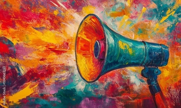 Fototapeta Megaphone, vibrant art and freedom of expression. Colorful, dynamic and energetic communication through art for liberty, creativity and social change. Inspiring visual message for a diverse audience
