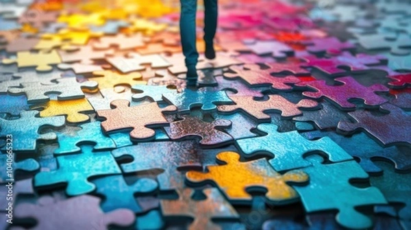 Obraz A vibrant depiction of a person walking on a path made of puzzle pieces, with some pieces missing or misplaced, symbolizing the ongoing process of finding one’s place and purpose in modern life