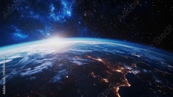 Fototapeta Panoramic view of the Earth stars and galaxy in 3D cartoon rendering Planet Earth as seen from space Space fantasy