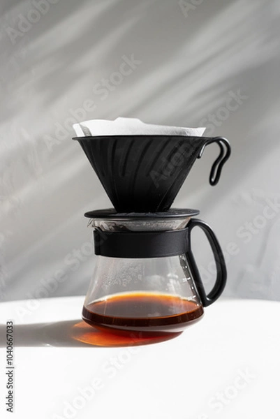 Fototapeta Brewing fresh coffee with a pour-over method using a black filter cone and glass carafe on a minimalist countertop during daylight