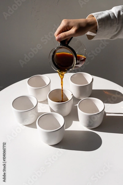 Fototapeta Pouring freshly brewed coffee into simple white cups on a minimalist table illuminated by soft natural light