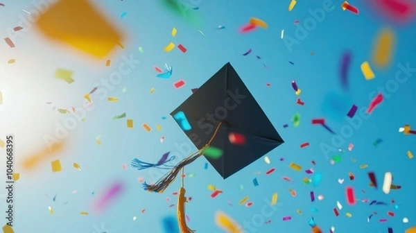 Fototapeta A vibrant scene of graduation season with a cap tossed into the air and colorful confetti falling, Academic setting, Joyful style