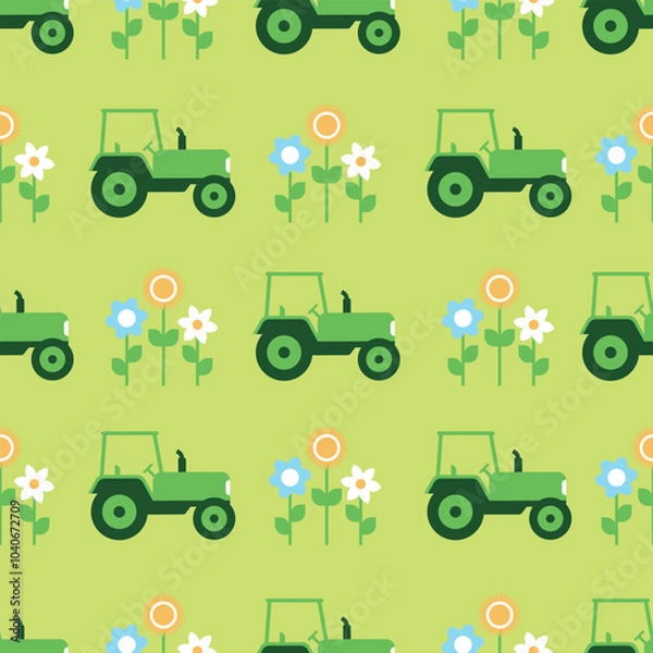 Fototapeta A vibrant Green Tractor Pattern adorned with beautiful Flowers set against a Bright Background