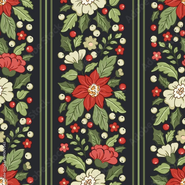 Obraz Vintage Christmas floral vector seamless pattern with poinsettias, mistletoe, holly and vertical stripes. Dark Victorian festive design with berries and lush foliage. Winter Holidays