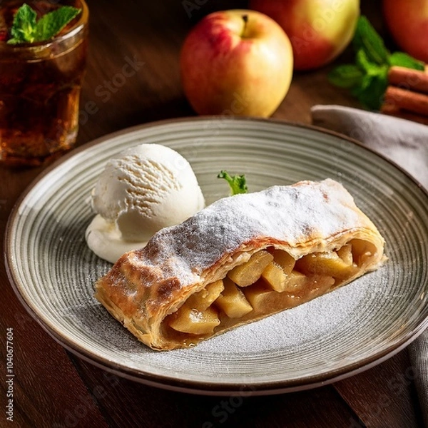 Fototapeta Apple strudel with vanilla ice cream