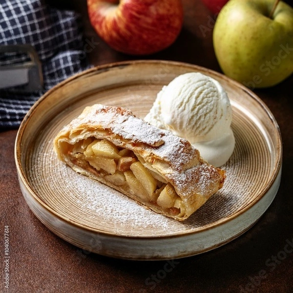 Fototapeta Apple strudel with vanilla ice cream
