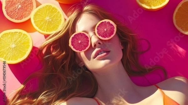 Obraz A vibrant summer scene with a woman wearing citrus sunglasses, surrounded by colorful orange slices on a pink background.