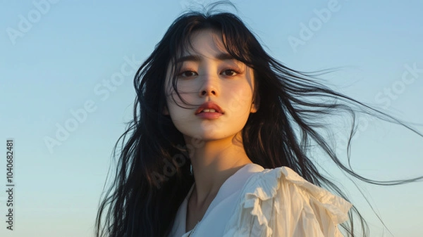 Fototapeta 夕陽に煌めく女性ポートレート