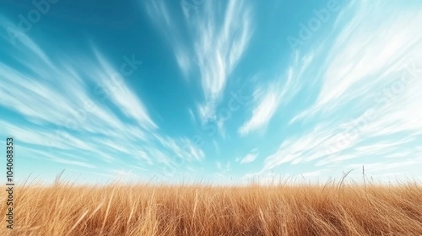 Fototapeta A breathtaking landscape featuring a vast golden field stretching into the horizon under a striking blue sky adorned with wispy clouds, evoking freedom and nature's beauty.