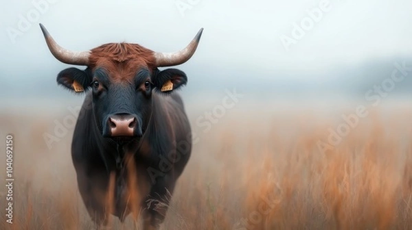 Fototapeta A bull stands impressively in a grassy field, exuding a powerful yet calm demeanor. The natural sunlight casts a warm glow over this rustic scene.